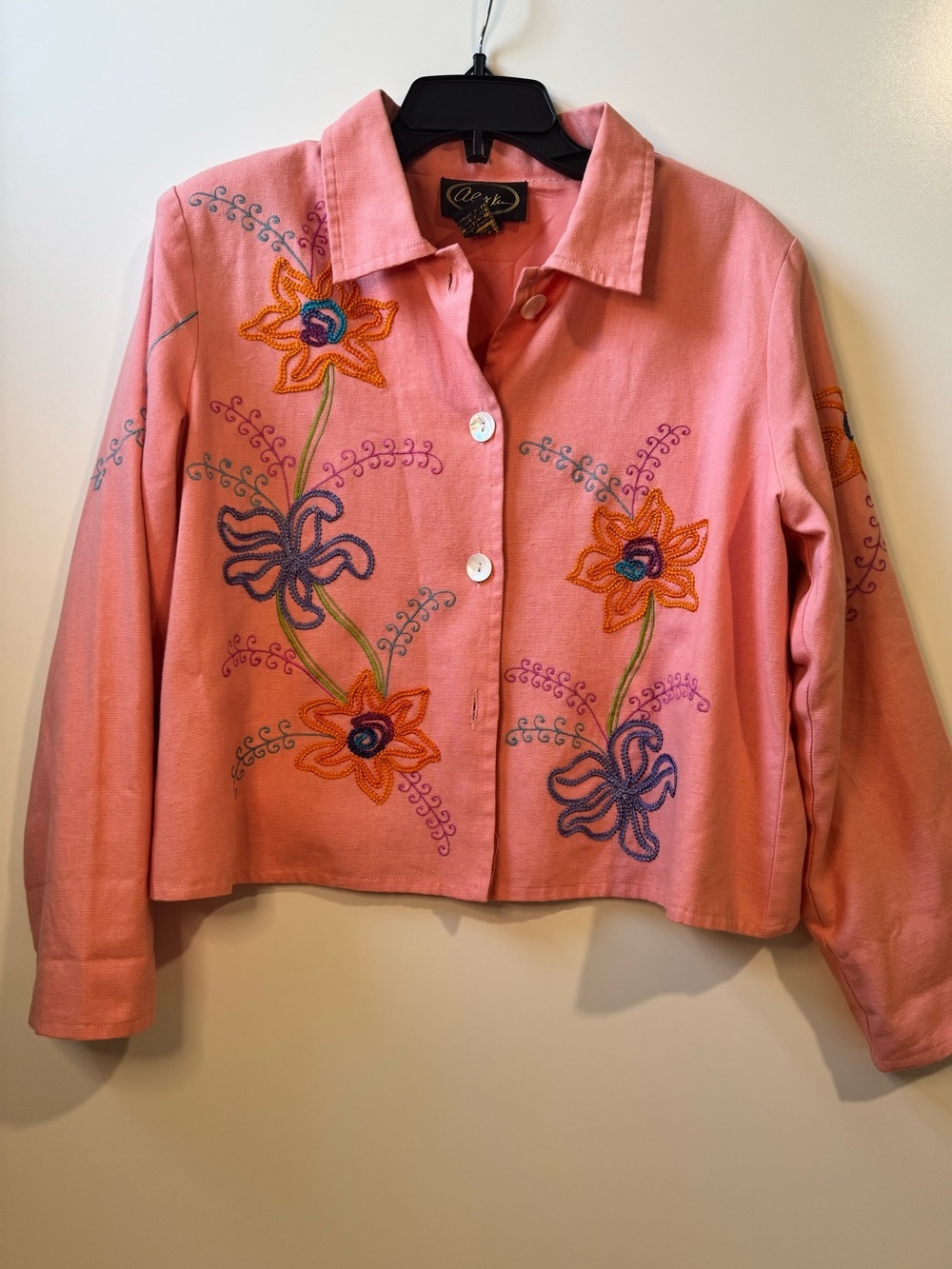 Vintage Alex Kim Embroidered Floral Cotton Jacket Top Large Boho Wearable Art